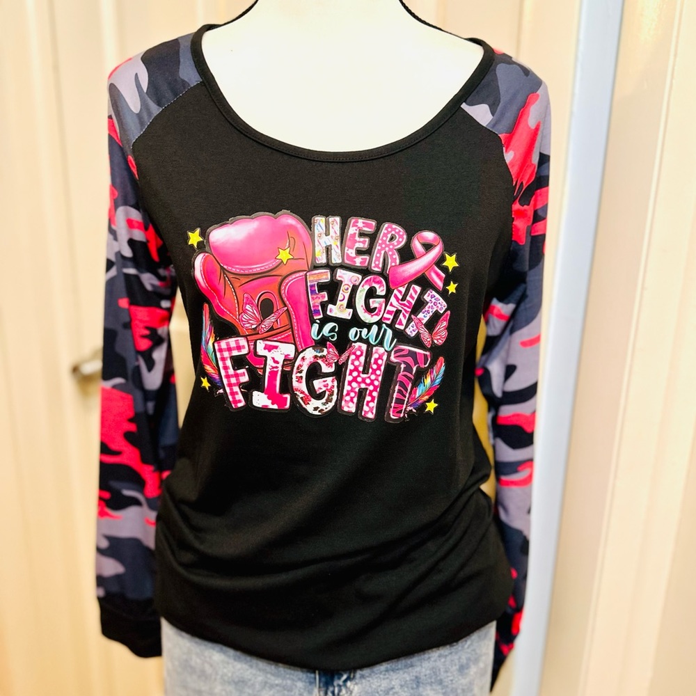 Her Fight Is Our Fight Cancer Graphic Camo Print Raglan Crew Neck T-shirt🥊